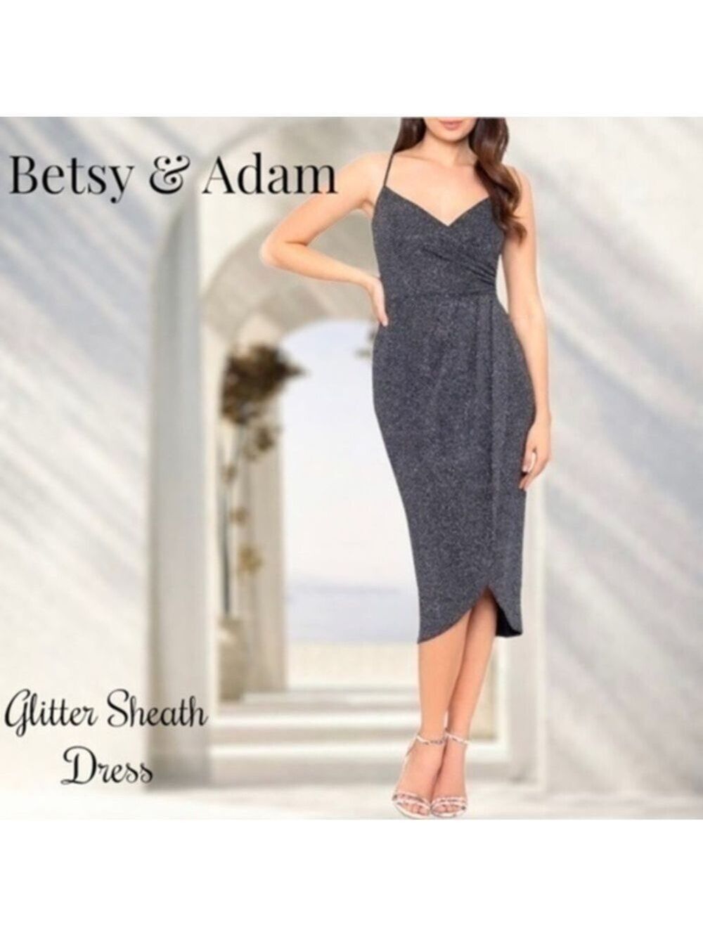 BETSY & ADAM Sleeveless Deep V-Neck Side Ruched Glittery Black Formal Dress NWT